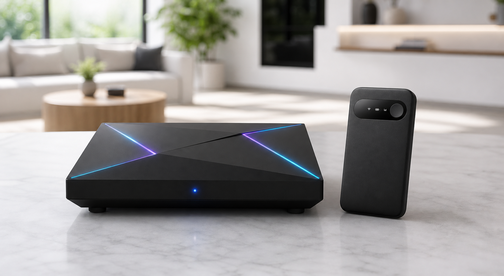 Goodwinfo smart hub and portable WiFi products displayed in a modern connected home